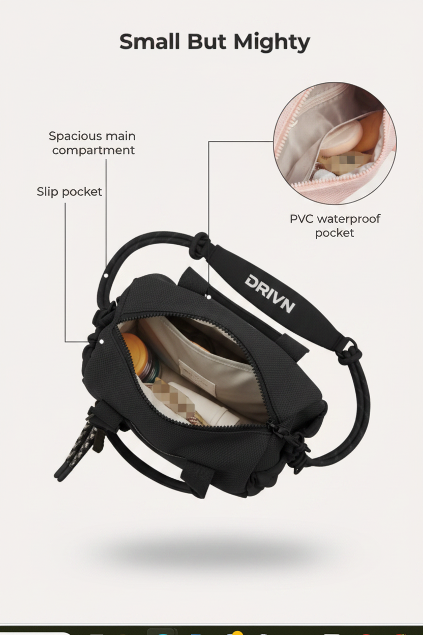 DRIVN Mini Duffle Tote Bag open showing spacious main compartment, slip pocket and PVC waterproof pocket
